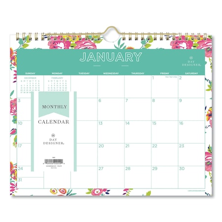 Blue Sky Day Designer Wirebound Wall Calendar, 11 x 8 3/4, White Floral, 2020 BLS103629